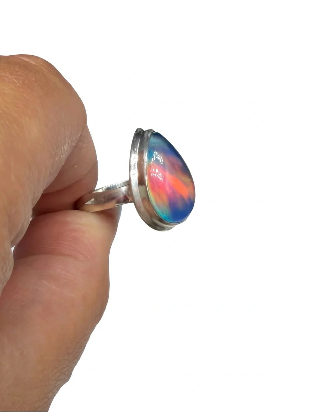 Aurora Fire Opal Ring Size 6.5 Solid 925 Sterling Silver Aura